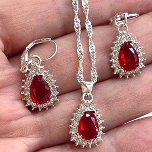 NEW Necklace Earrings Set Ruby Red Rhinestone Fashion Matching Jewelry Lot A01